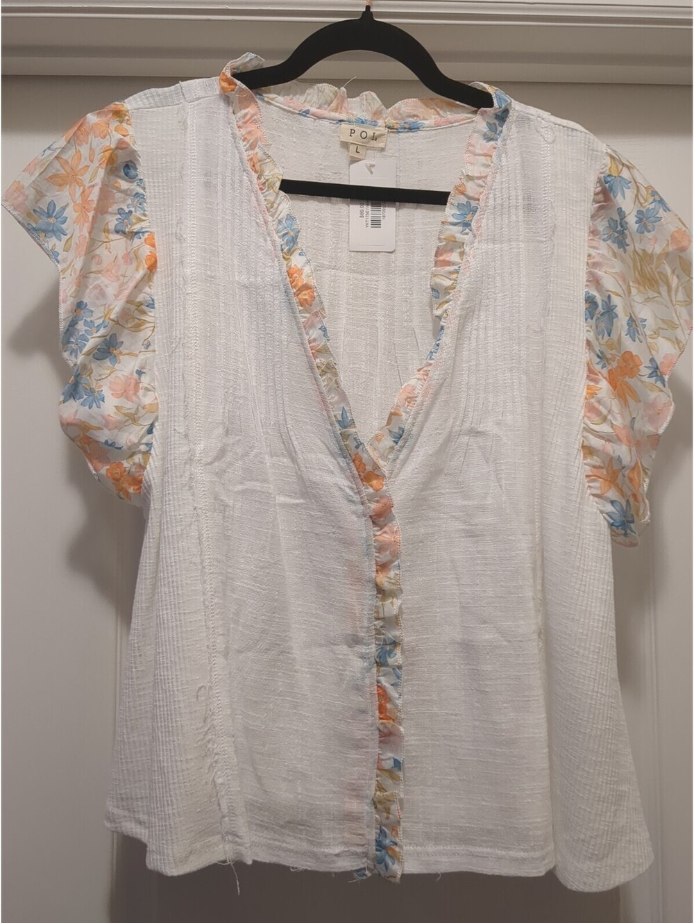POL White 100% Cotton Flowers Thermal Sides Top Floral V Neck Boho Flowy Sz L